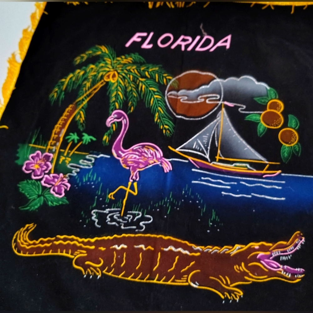 Vintage 1960s painted velvet souvenir Florida pillow cover 17x17 made in Japan